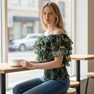 XOXO Womens Large Ruffled Off-Shoulder Top With Abstract Print